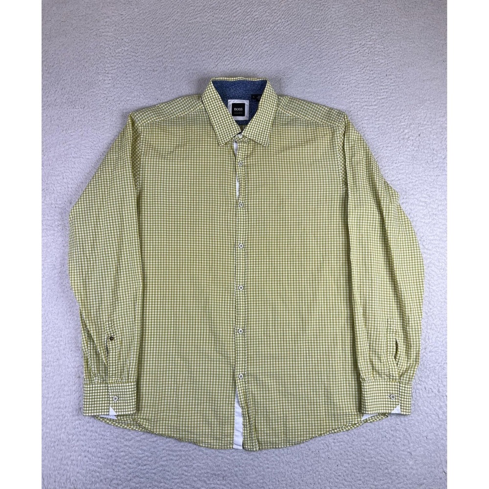 BOSS Hugo Boss Mens XL Green Gingham‎ Cotton Long Sleeve Button Up Shirt Obert